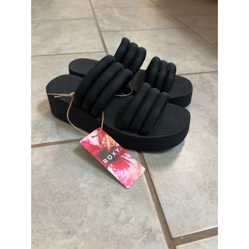 Roxy Totally Tubular Black Platform Slide Sandals ARJL101151 Womens 6